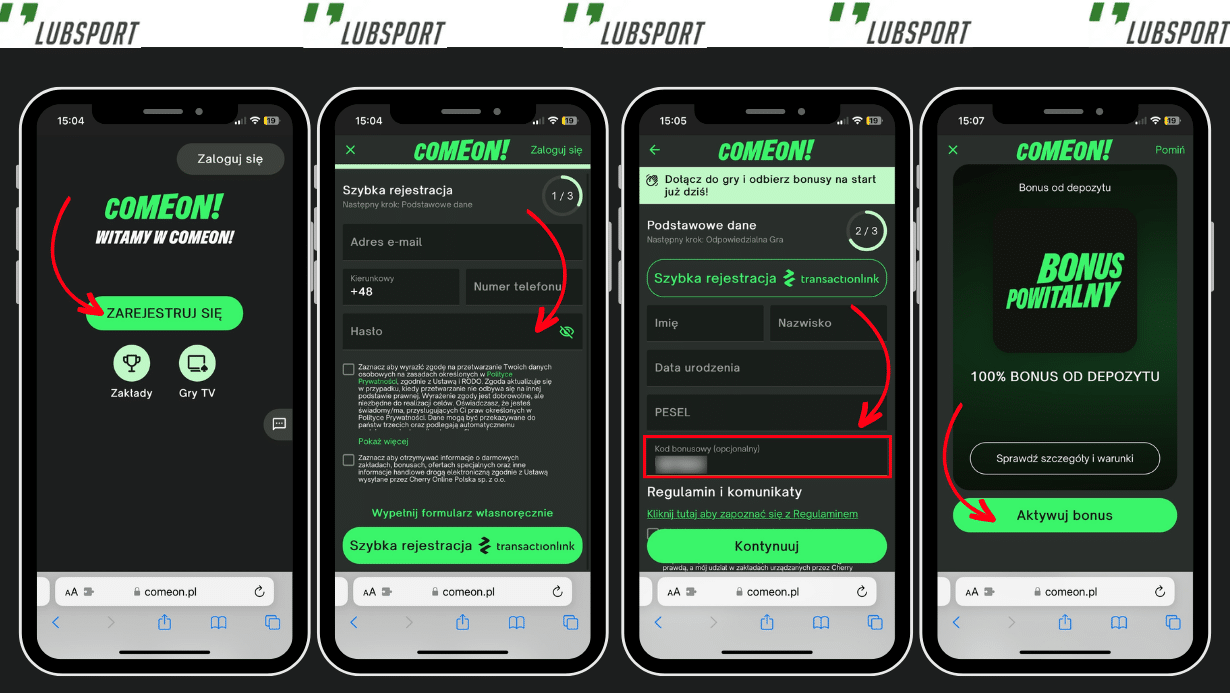 kod bonusowy ComeOn na telefonie kom&oacute;rkowym