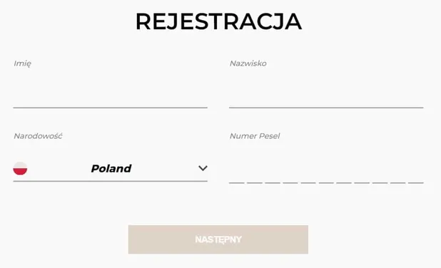 Rejestracja nowego gracza Noblebet