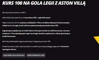 Aston Villa &ndash; Legia Warszawa kurs 100.00 na gola Legii