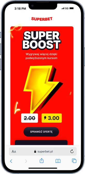 Interfejs aplikacji Superbet z promocją SUPER BOOST