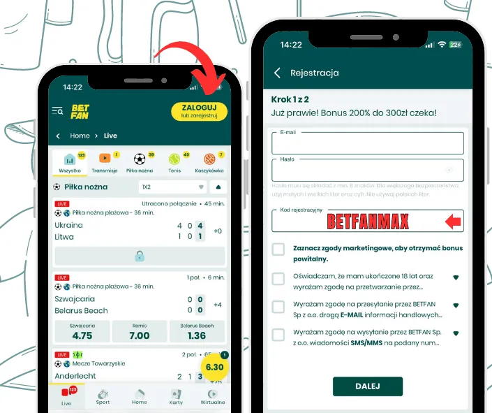 Rejestracja w aplikacji mobilnej Betfan