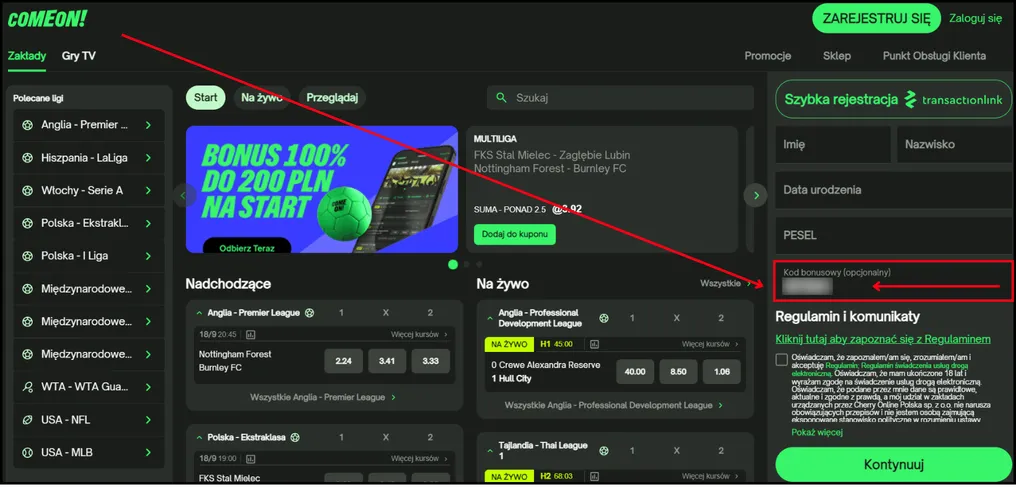 ComeOn rejestracja z kodem