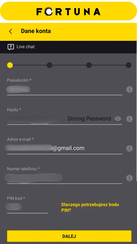 formularz rejestracyjny Fortuna